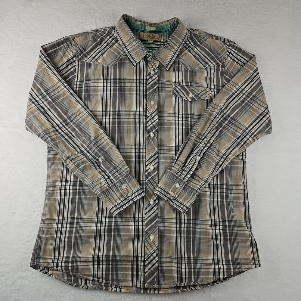 BKE BUCKLE Shirt Mens 2XL XXL Beige Plaid Contour Fit Long Sleeve Button Up